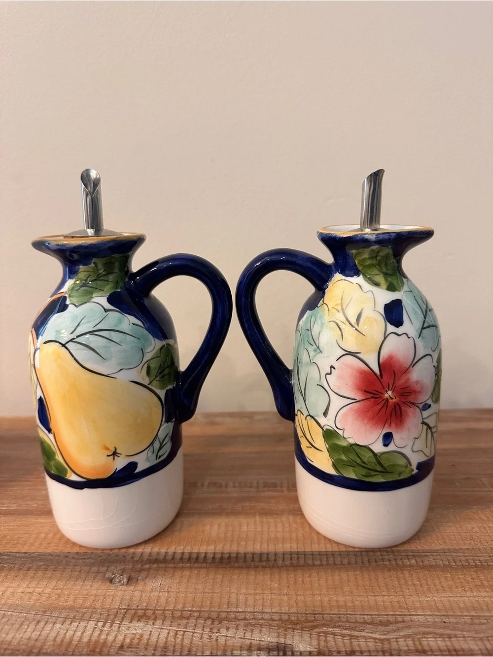 Hand Painted Oil Vinegar Salt Pepper Cruet Set Floral Fruit Caddy
